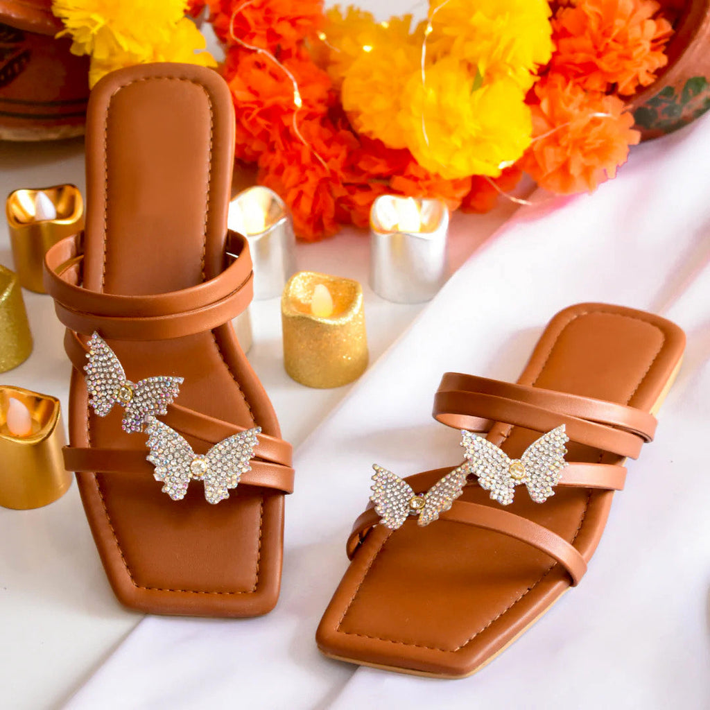 Brown Flat Sandals with Crystal Butterfly Embellishment