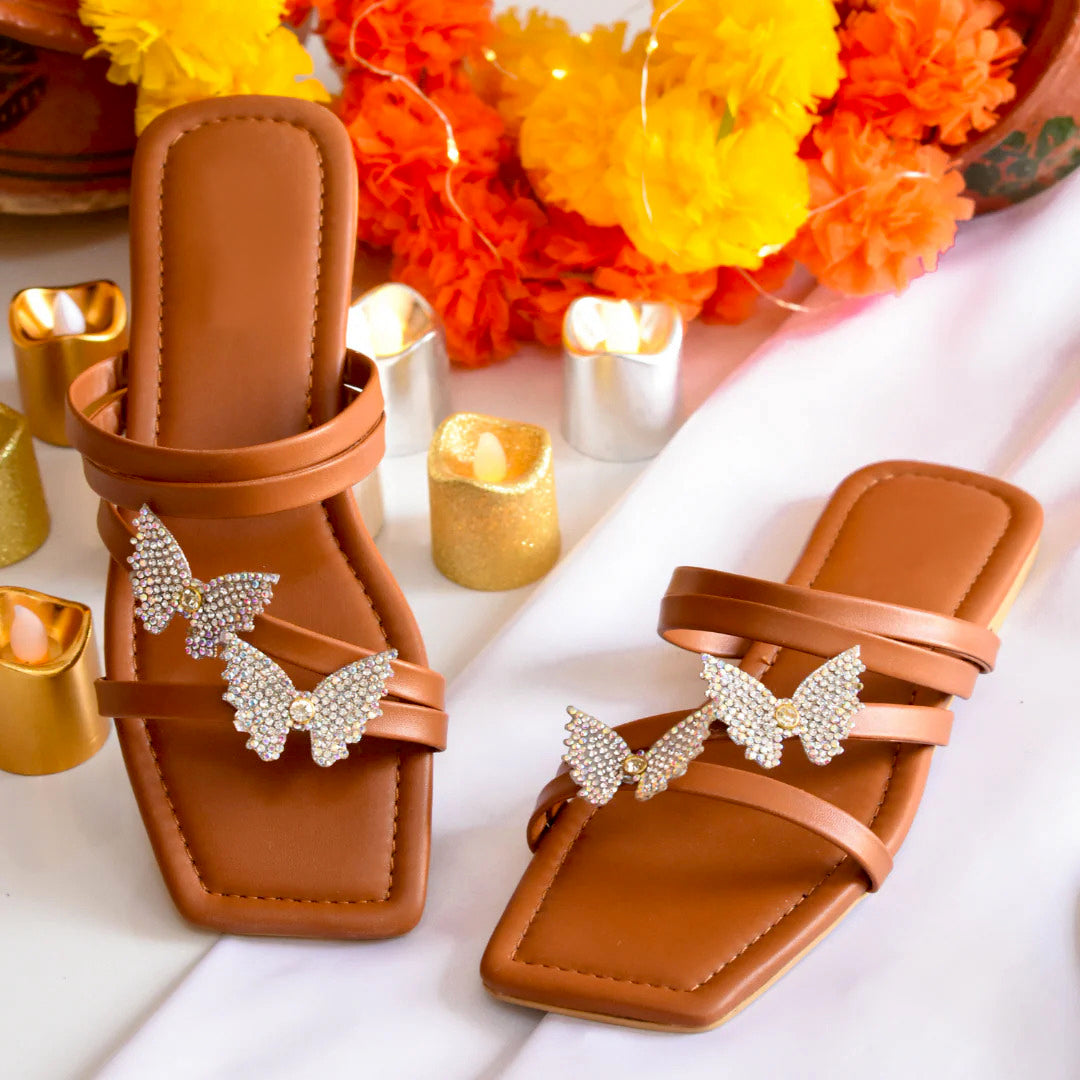 Brown Flat Sandals with Crystal Butterfly Embellishment