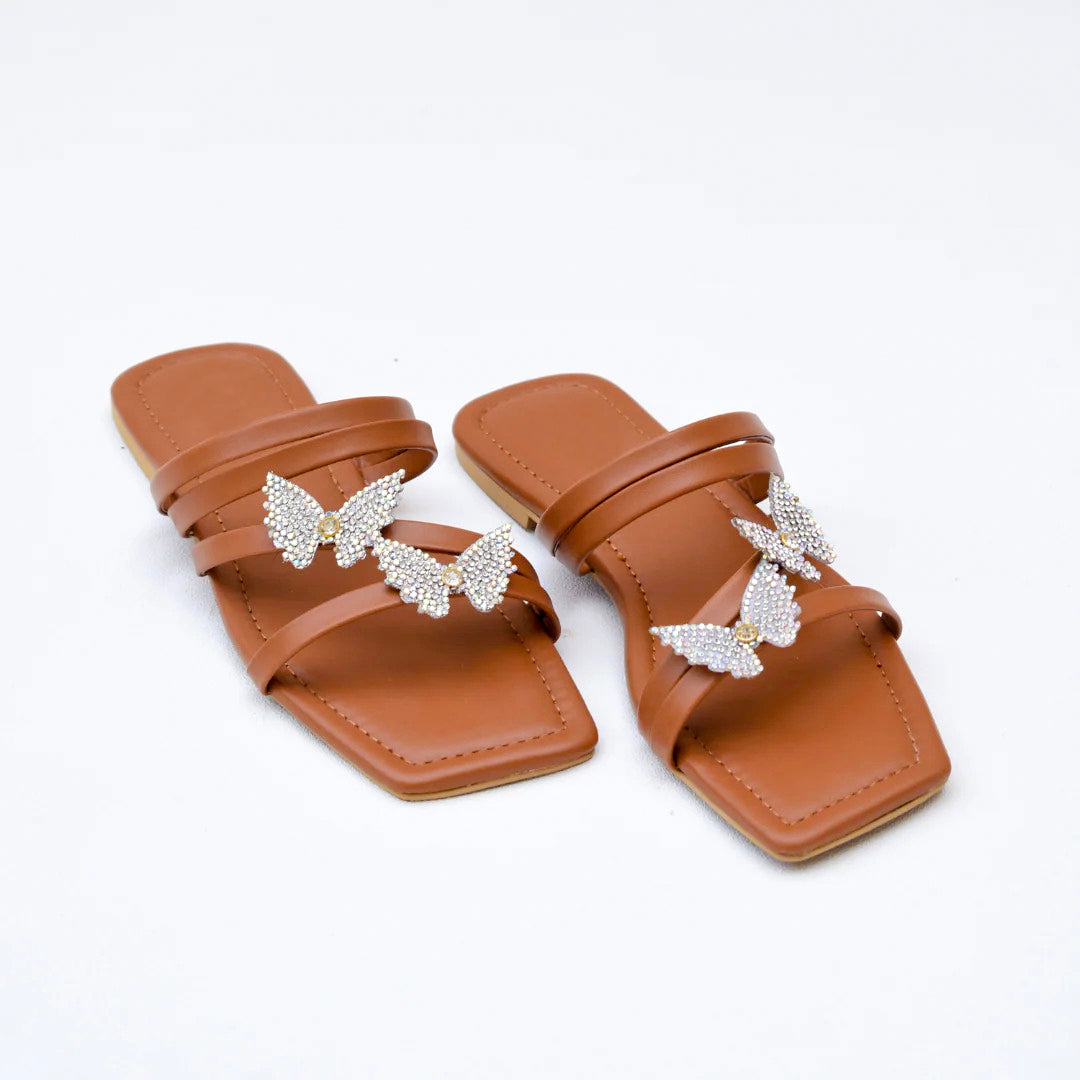 Brown Flat Sandals with Crystal Butterfly Embellishment