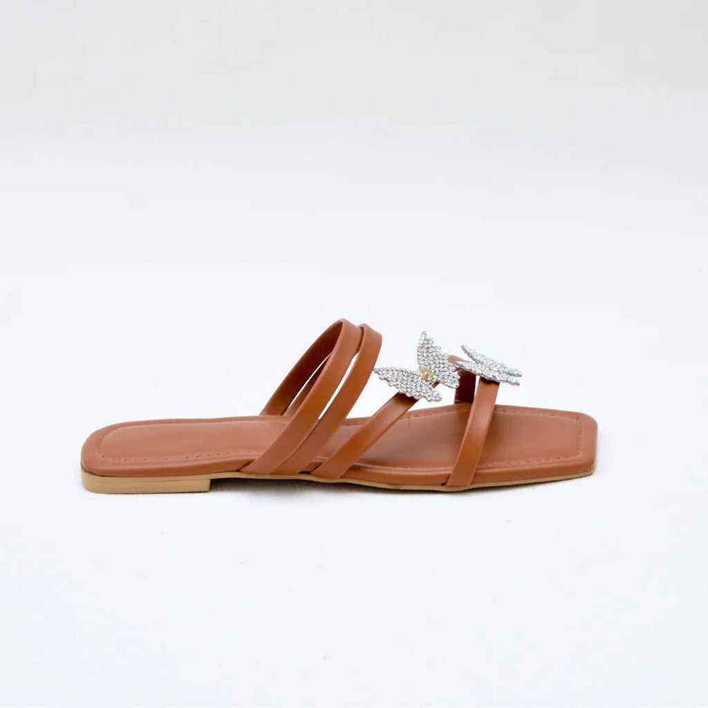 Brown Flat Sandals with Crystal Butterfly Embellishment