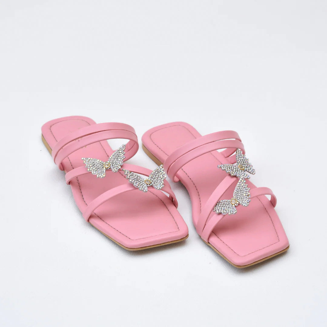 Brown Flat Sandals with Crystal Butterfly Embellishment