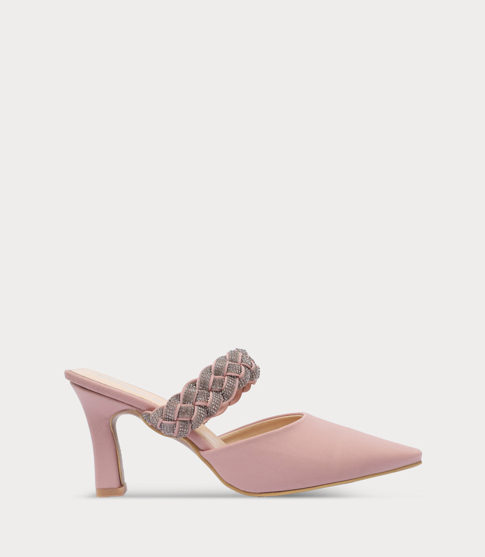 Dusty Rose Sparkle Braided Strap Heeled Mules