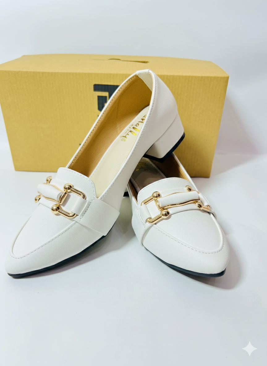 Classic White Buckle Detail Low-Heel Pumps