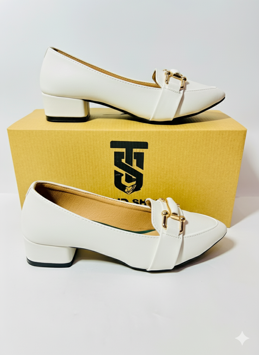 Classic White Buckle Detail Low-Heel Pumps