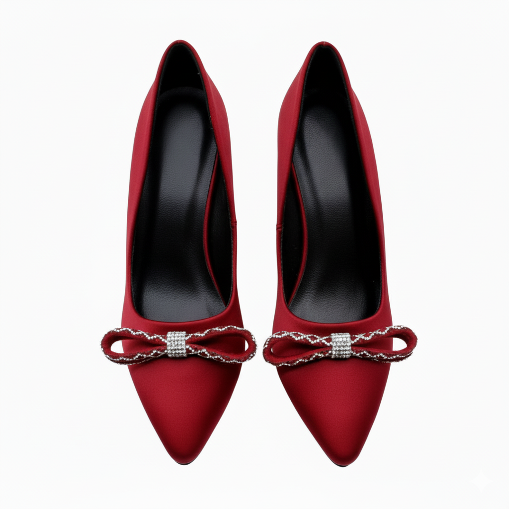 Z Elegant Satin Pointed-Toe Heels with Rhinestone Bow.