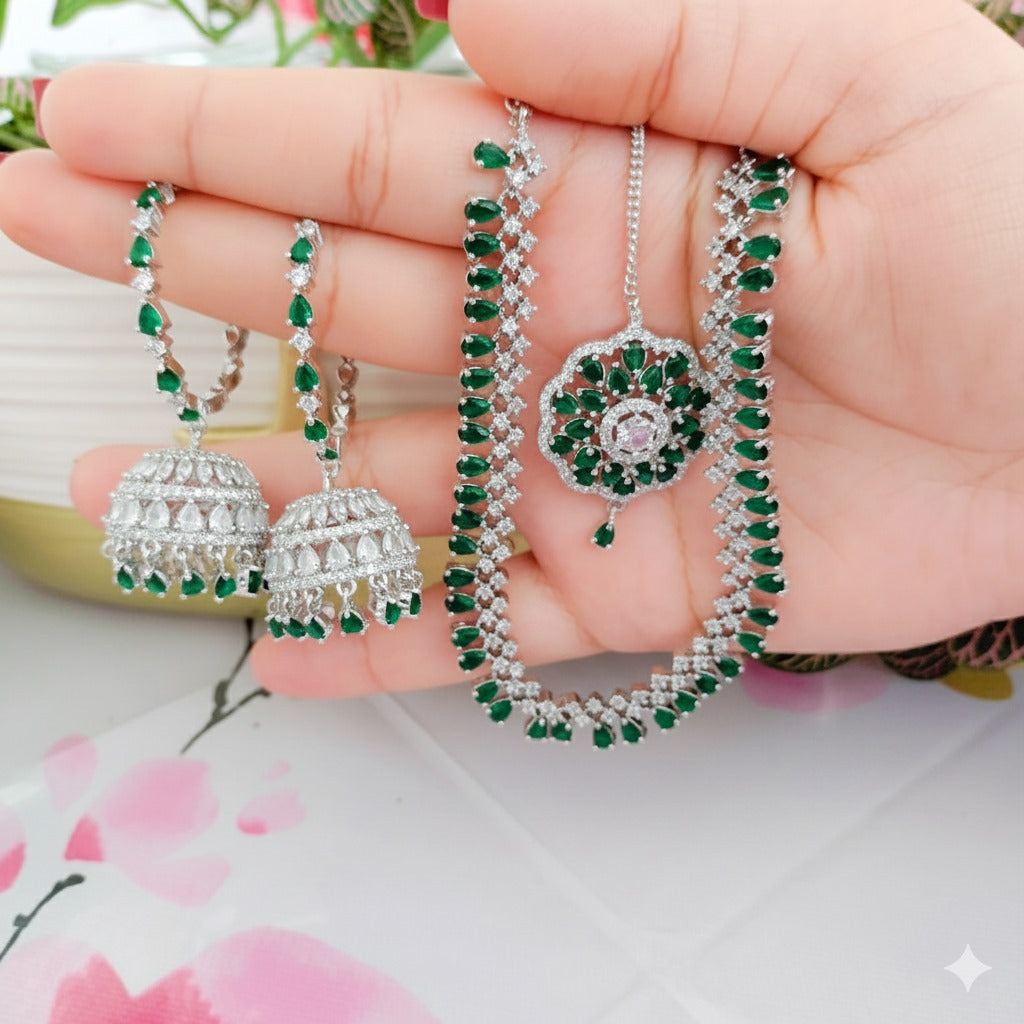 AA Royal Blue Sapphire & Diamond Bridal Jewelry Set – Necklace with Jhumka Earrings