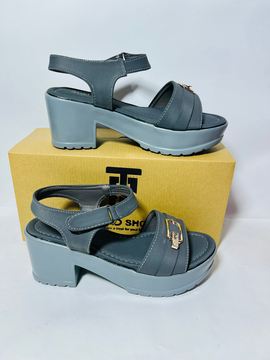 Stylish Grey Buckled Platform Sandals.