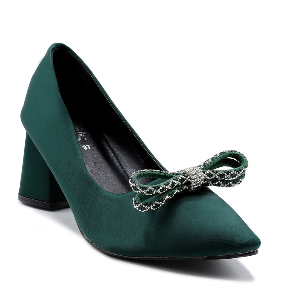 Z Elegant Satin Pointed-Toe Heels with Rhinestone Bow.