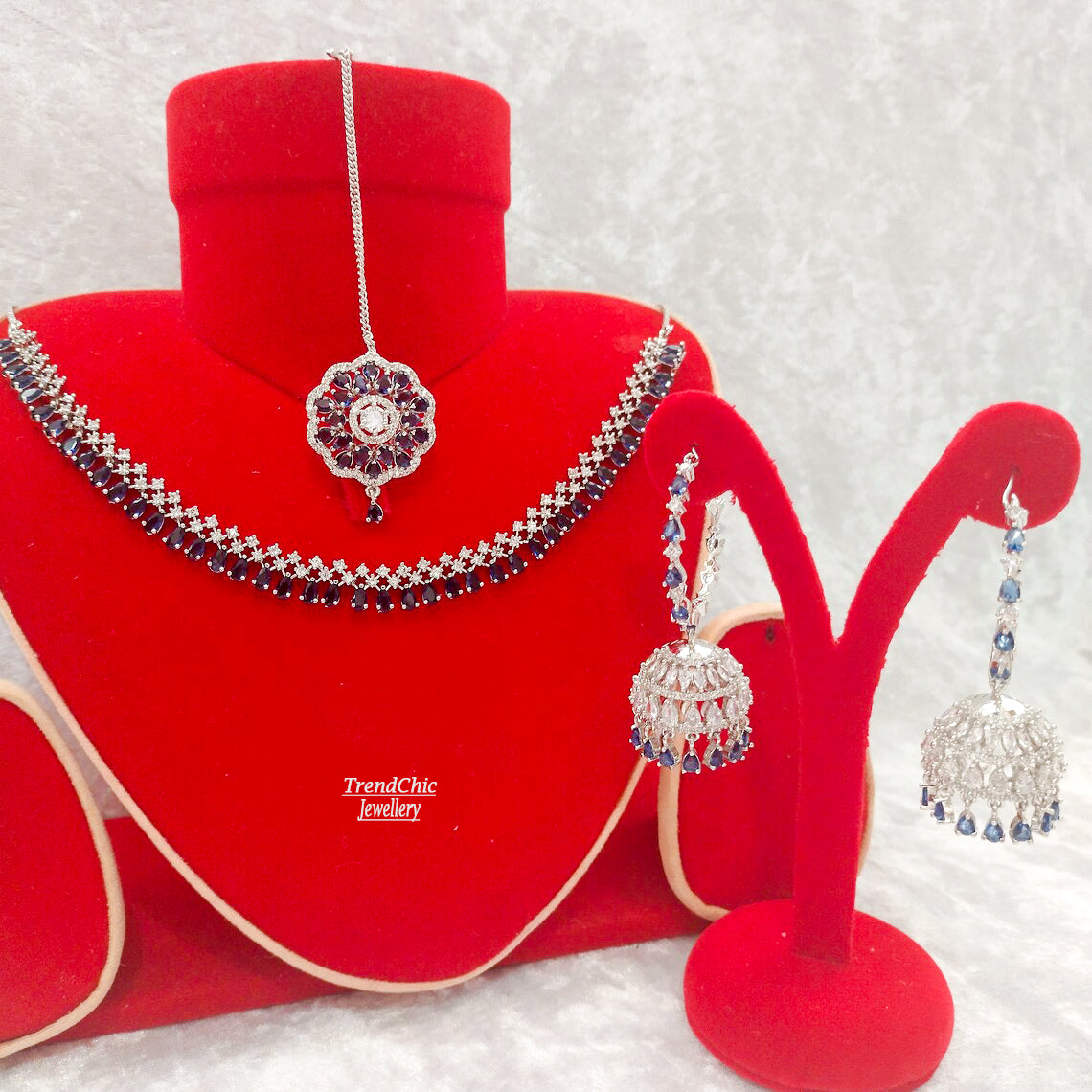 AA Royal Blue Sapphire & Diamond Bridal Jewelry Set – Necklace with Jhumka Earrings